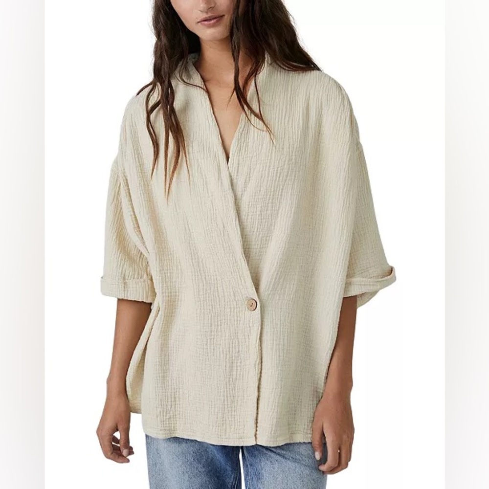 free people we the free lou gauzy cotton short sleeve oversized blazer